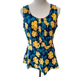 Mata Traders Womens Medium Blue Yellow Floral Cotton Peplum Sleeveless Top